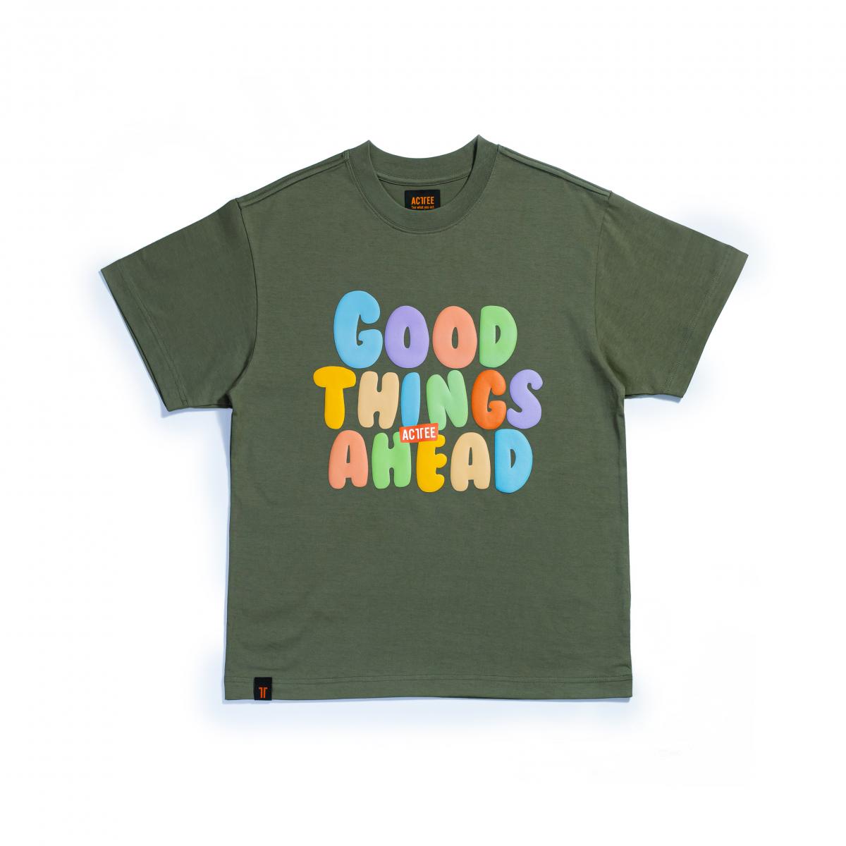 ACTTEE GOOD THINGS AHEAD PUFF-PRINT OVERSIZED TEE MOSS-GREEN #0