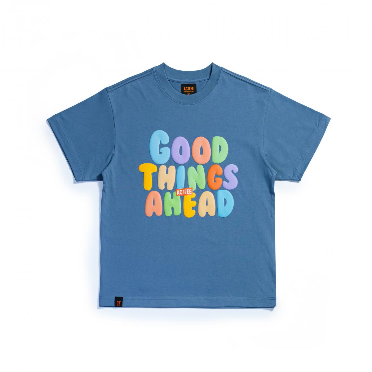 ACTTEE GOOD THINGS AHEAD PUFF-PRINT OVERSIZED TEE BLUE GREY #0