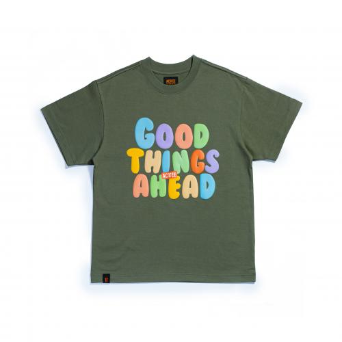 ACTTEE GOOD THINGS AHEAD PUFF-PRINT OVERSIZED TEE MOSS-GREEN