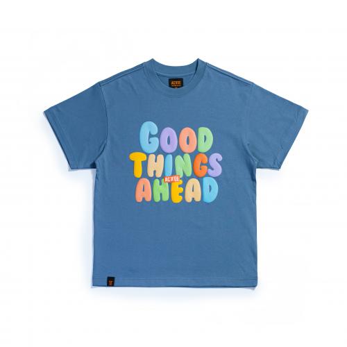 ACTTEE GOOD THINGS AHEAD PUFF-PRINT OVERSIZED TEE BLUE GREY